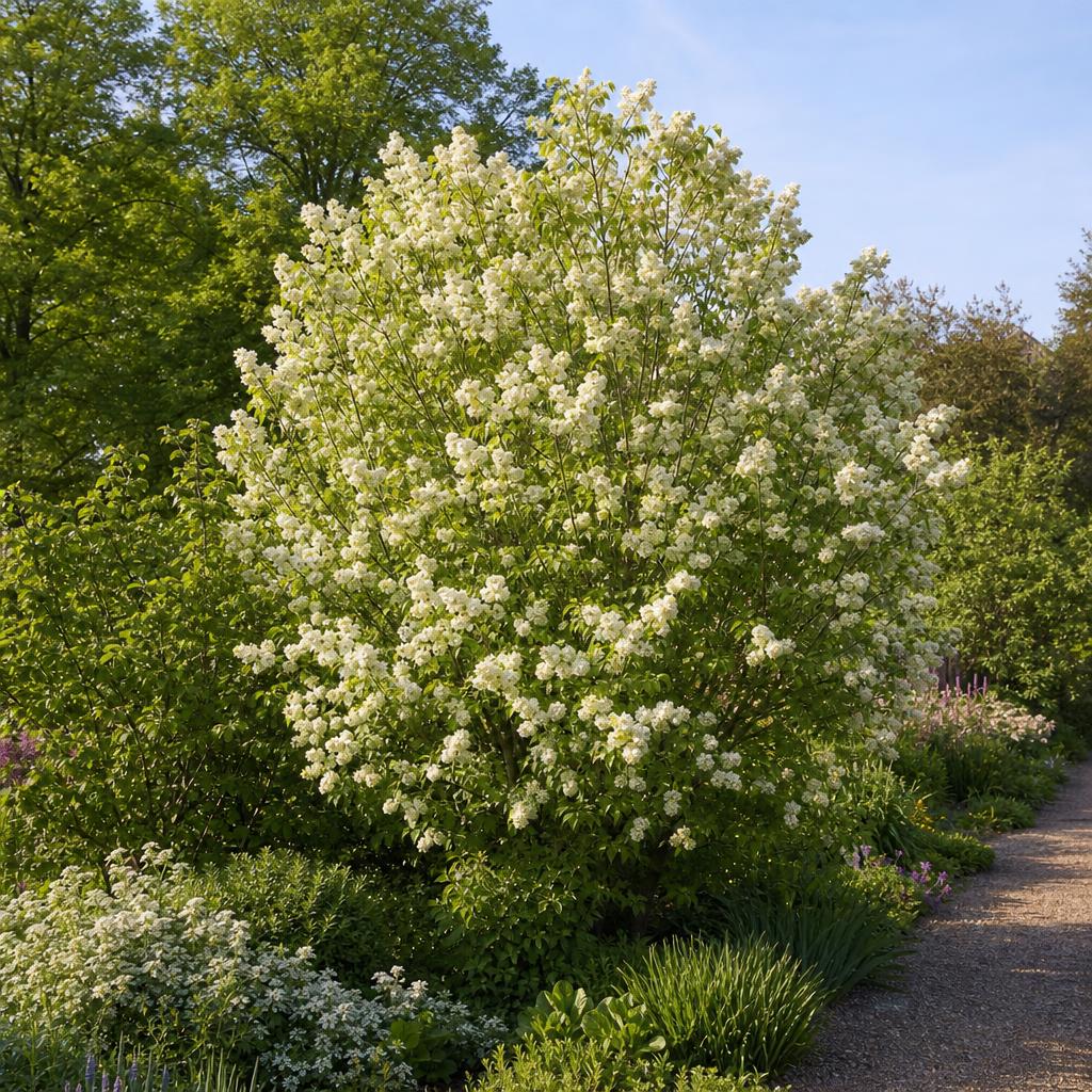 Lilas Dentelle d'Anjou fleuri près d'une allée