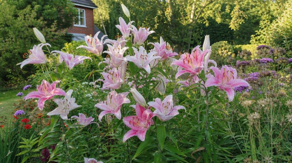 Lys orientaux roses et blancs en massif fleuri