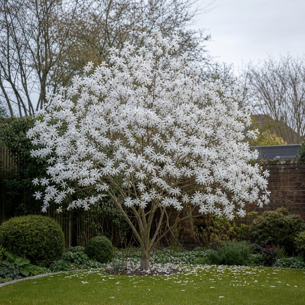 Magnolia étoilé couvert de fleurs blanches au printemps