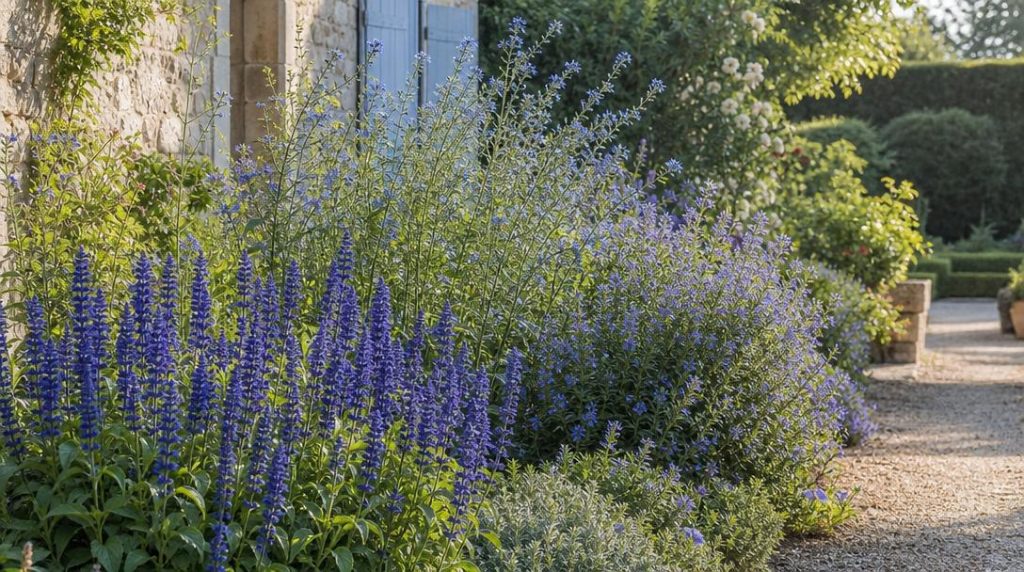 Massif ensoleillé de sauges bleues en pleine floraison
