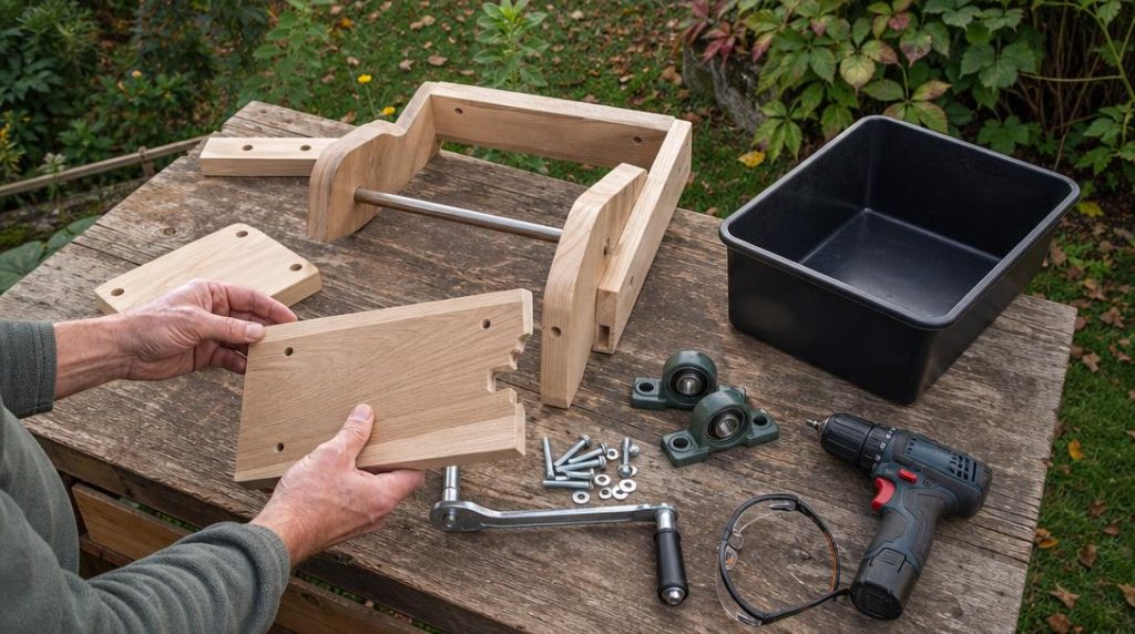 Pièces et outils posés pour monter un broyeur manuel