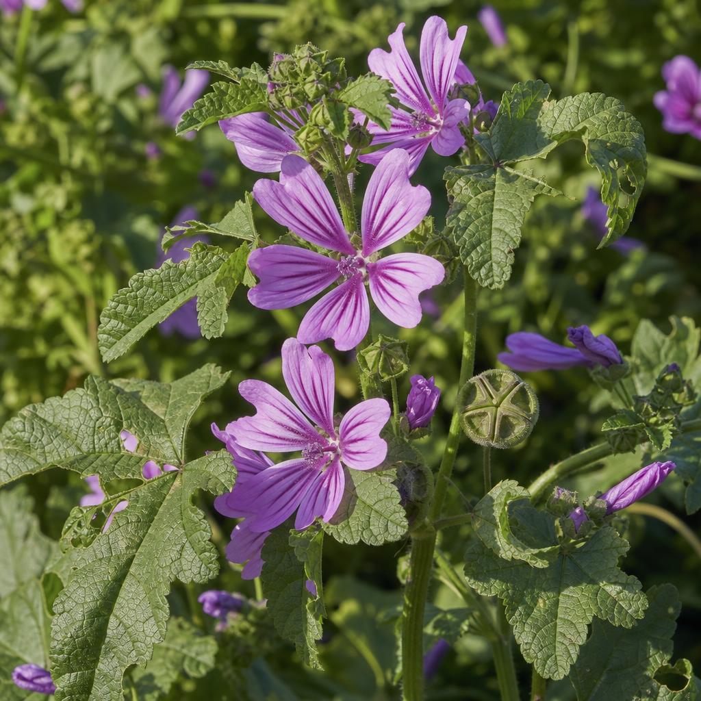 Fleurs striées, feuilles palmées et fromageons de mauve