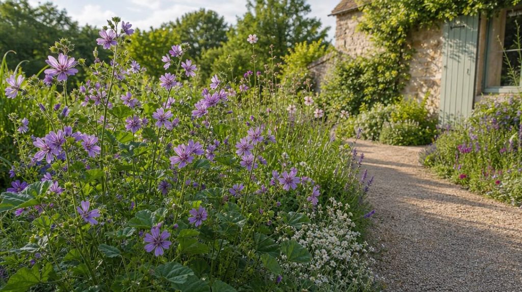 Mauve sylvestre fleurie dans un massif de jardin