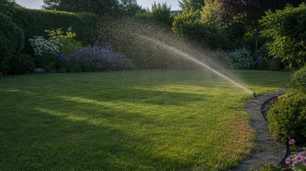 Arroseur diffusant de l’eau sur une pelouse au matin