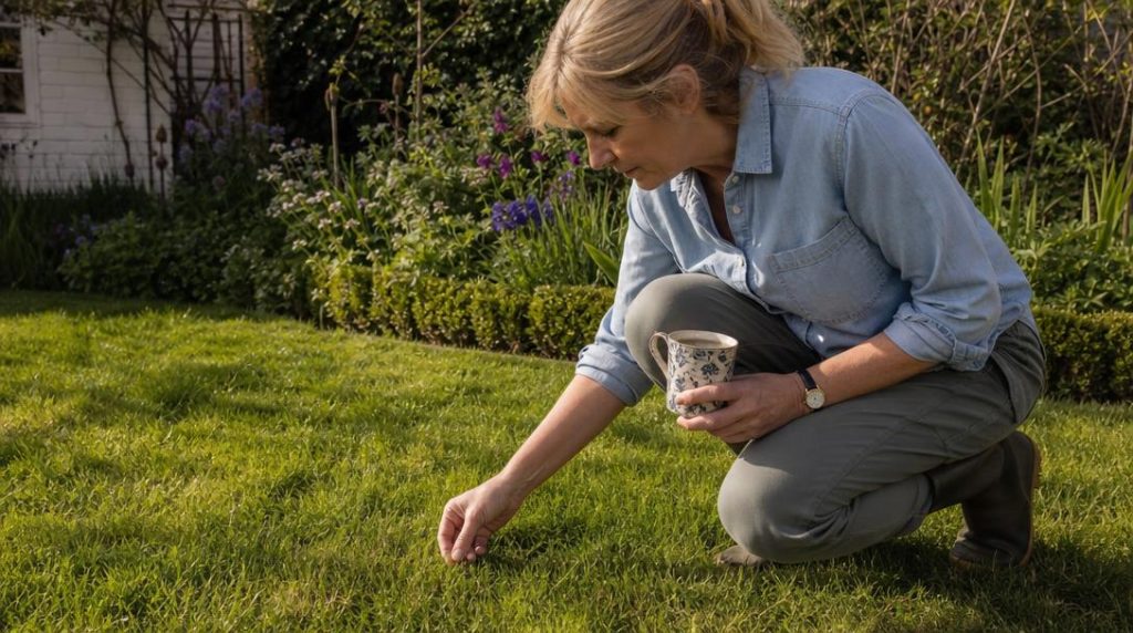 Main vérifiant une pelouse sèche après la rosée