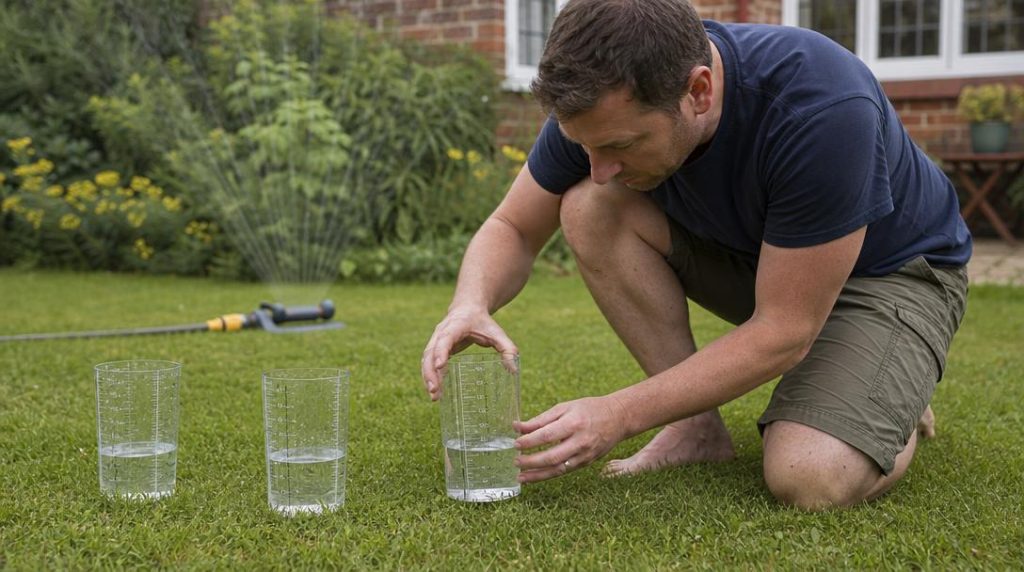Jardinier vérifiant l’eau recueillie par plusieurs récipients