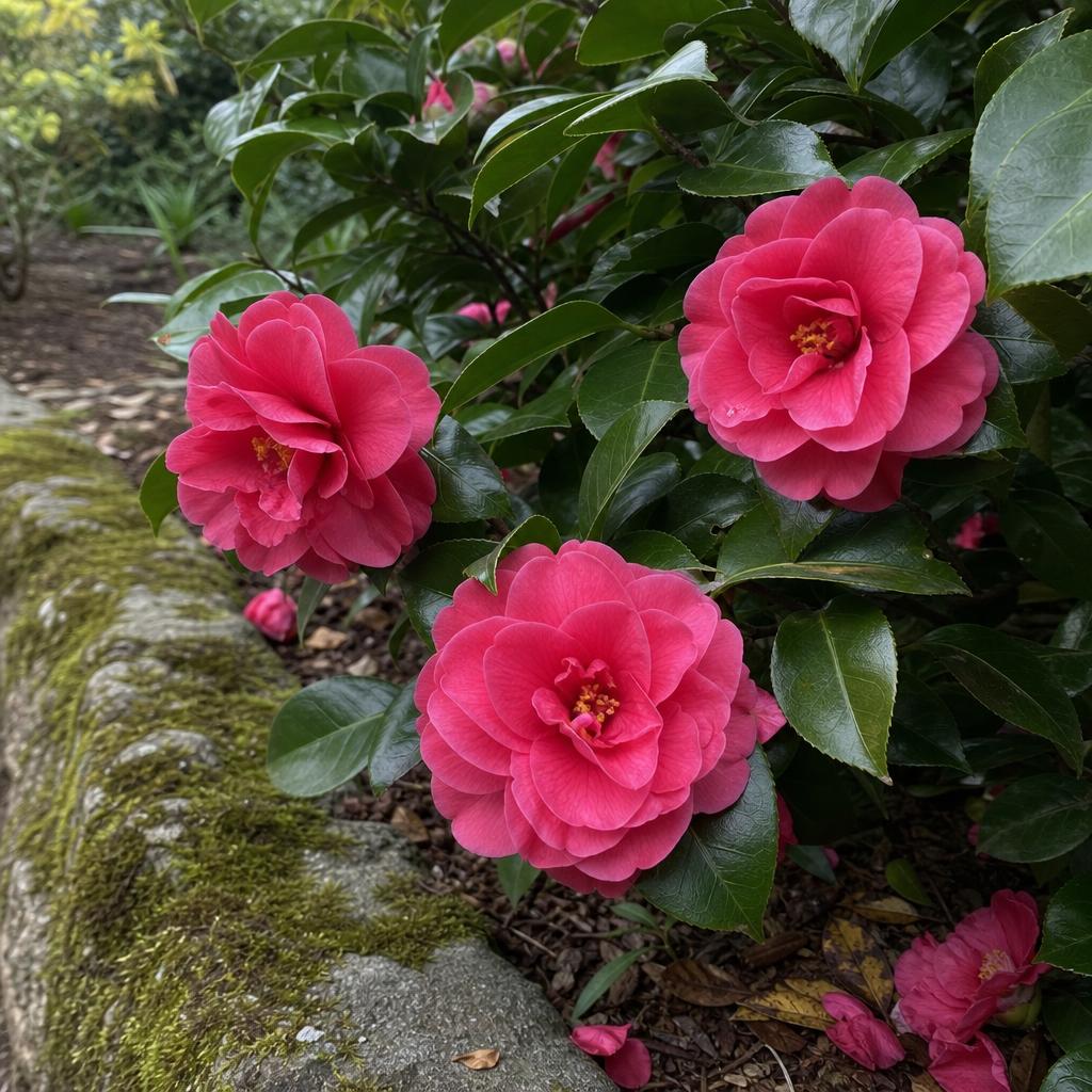 Fleurs rose foncé du camélia Middlemist rouge