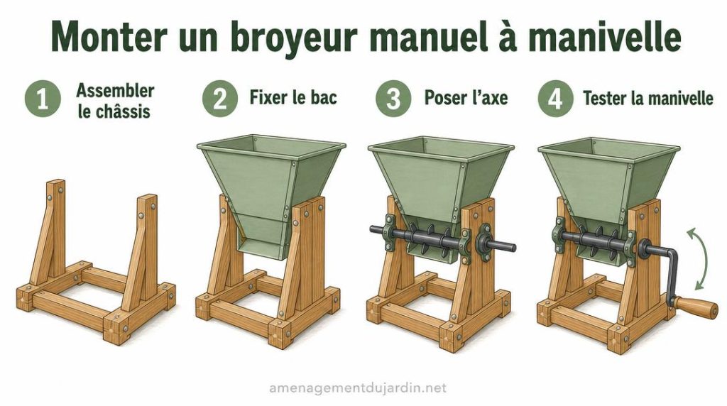 Quatre étapes illustrées du montage d'un broyeur manuel