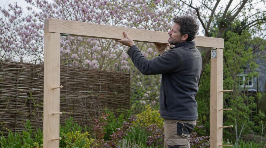 Jardinier posant une traverse sur poteaux en bois