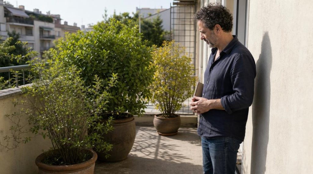 Jardinier observant soleil et ombre sur un balcon