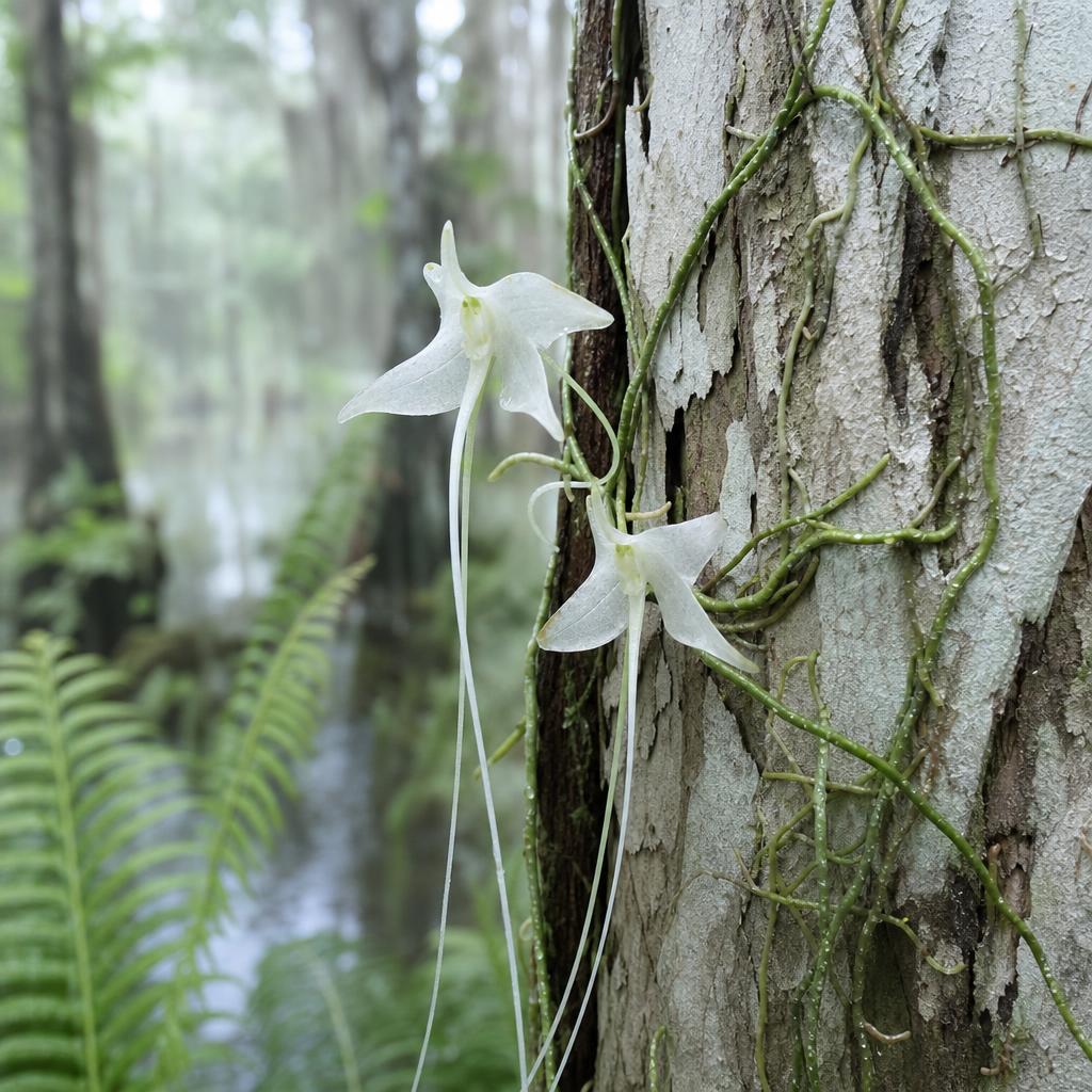 Orchidée fantôme blanche fixée sur une écorce