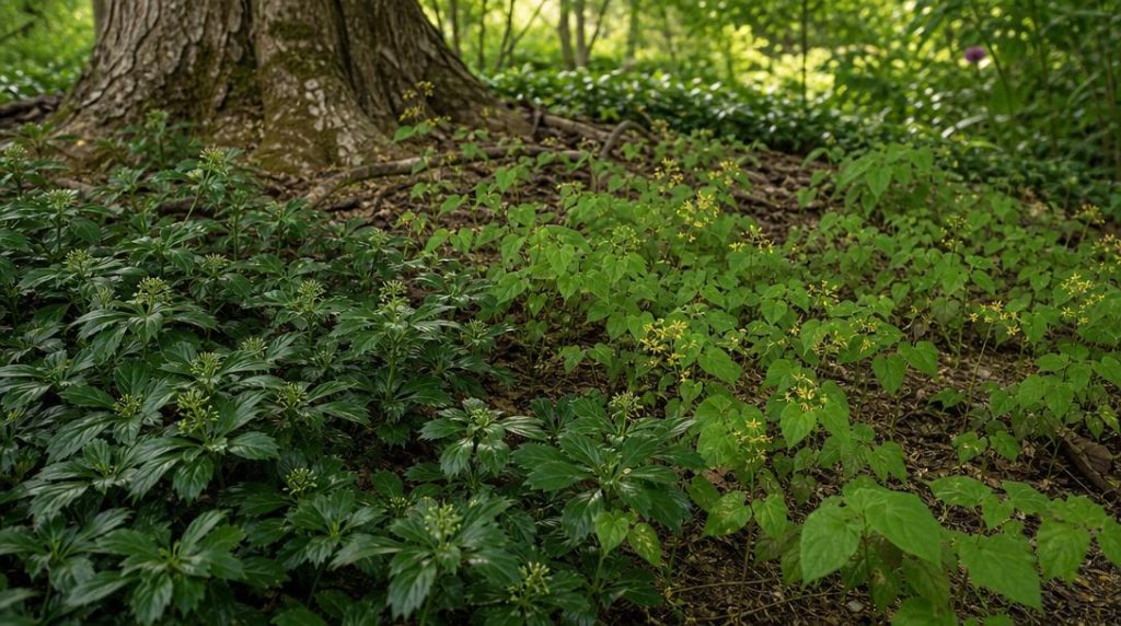 Pachysandra et épimédium en ombre sèche
