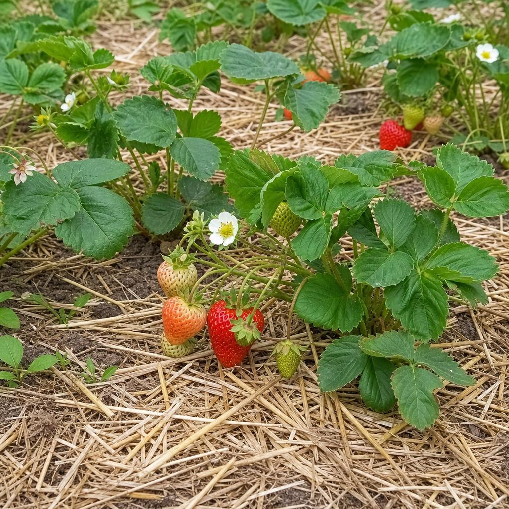 Fraises en formation sur paillage de paille