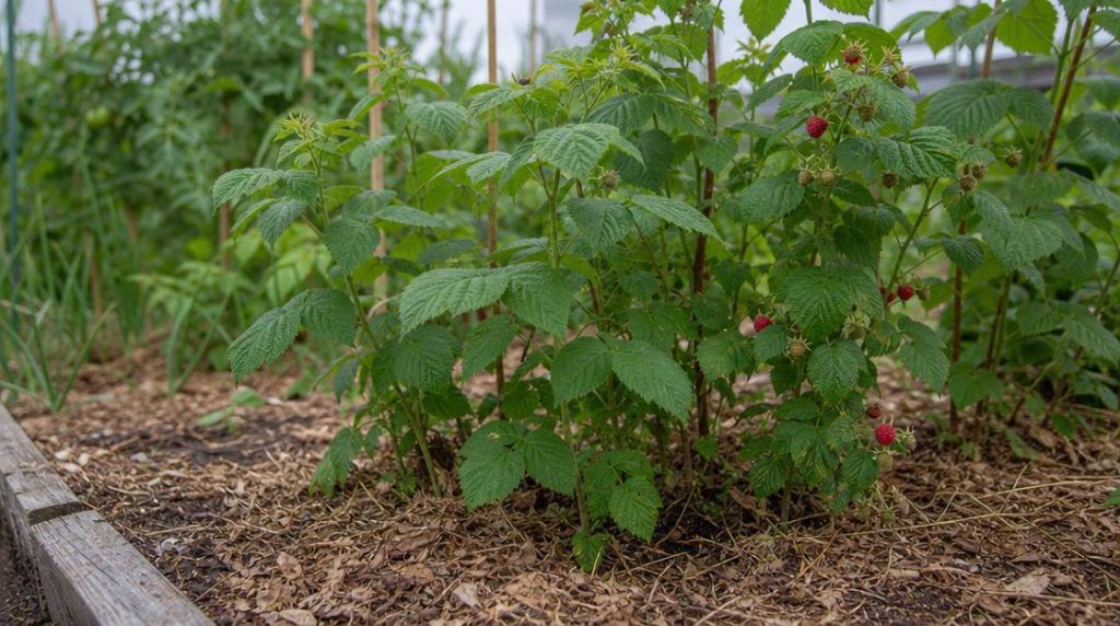 Canne de framboisier sur broyat et feuilles sèches