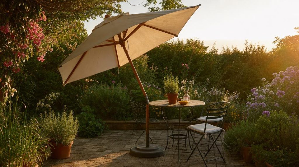 Parasol en bois couvrant une table sur terrasse pavée