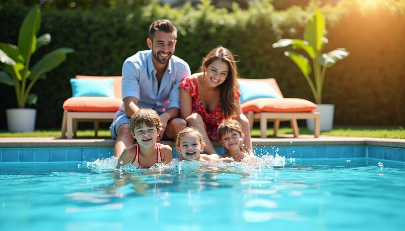 Trois enfants barbotent, parents assis au bord de la piscine