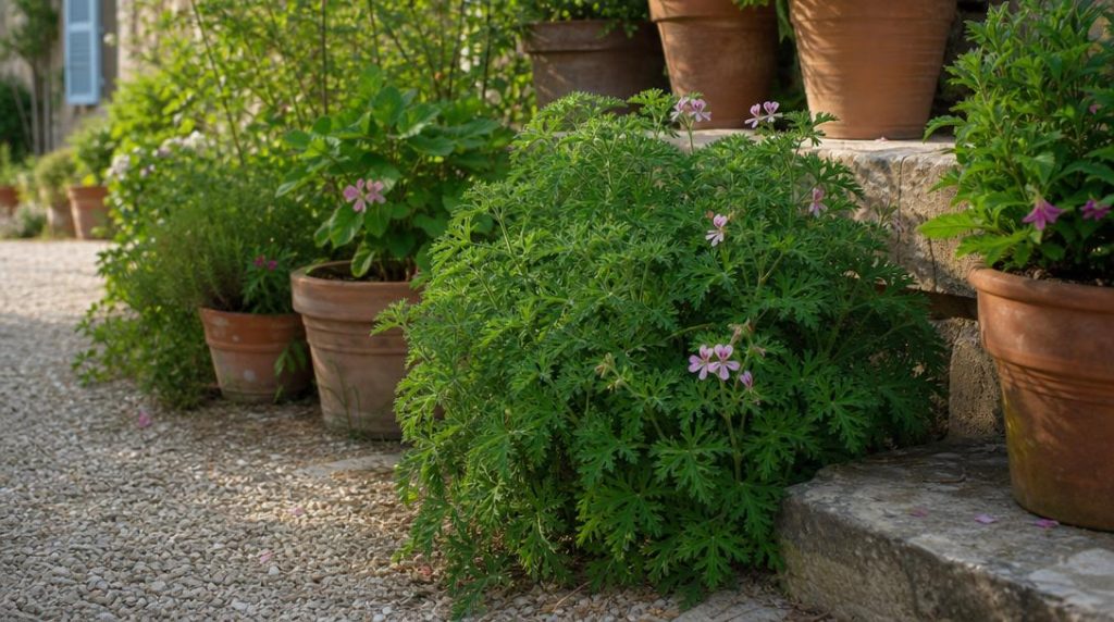 Géranium citronnelle en pot près d’une terrasse ensoleillée