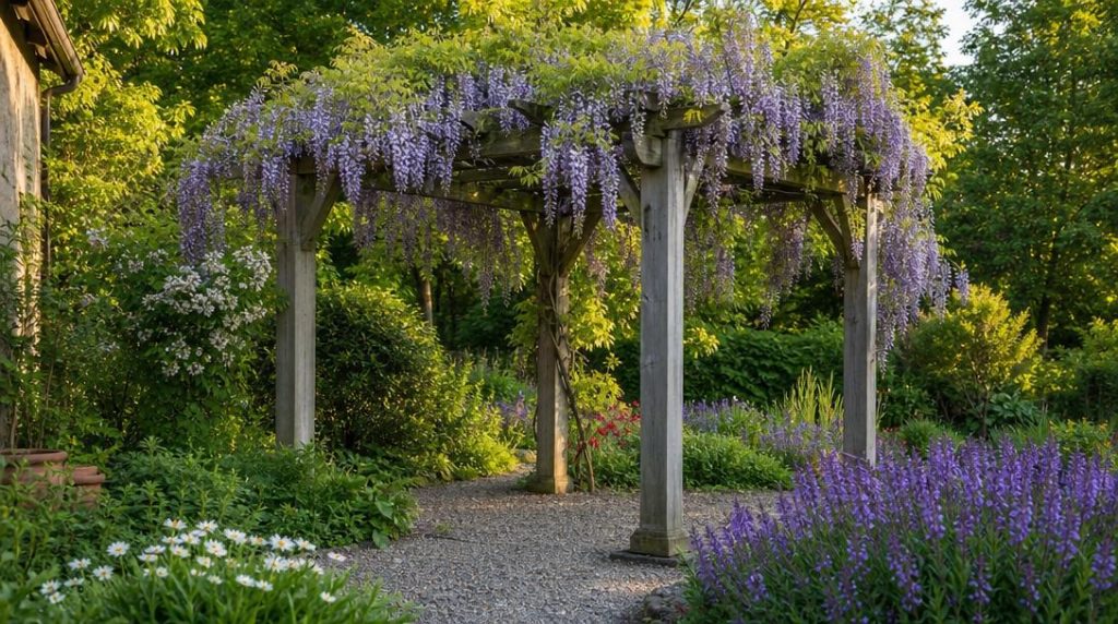 Pergola en bois sous glycine mauve en fleurs