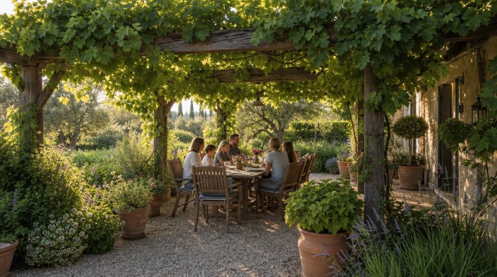 Pergola en bois couverte de vigne au-dessus d'une table