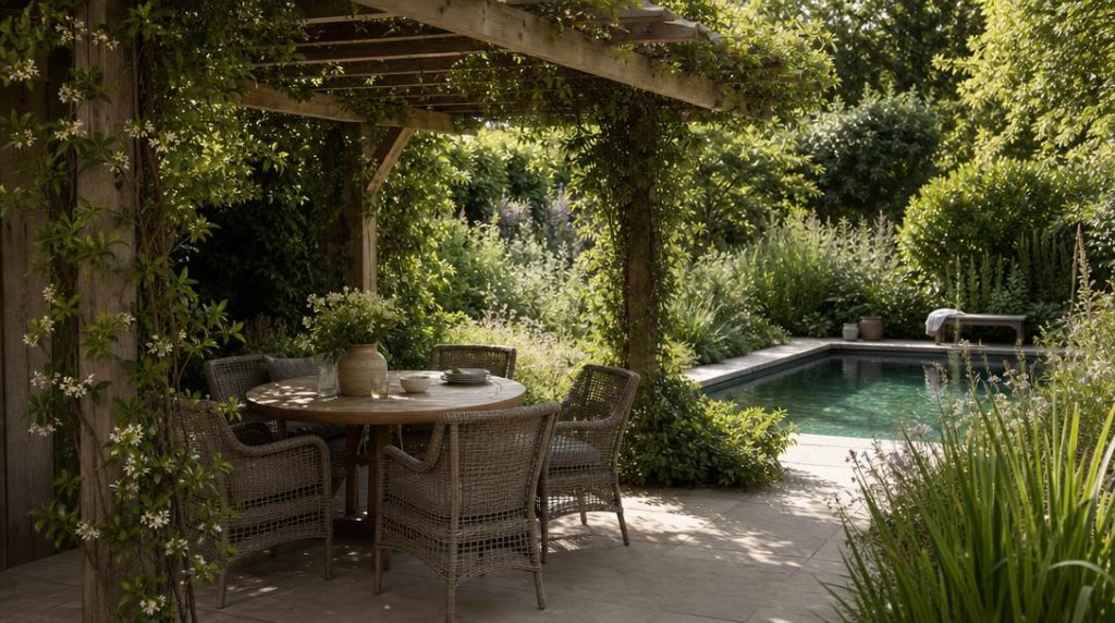 Pergola ombrageant un coin repas près du bassin
