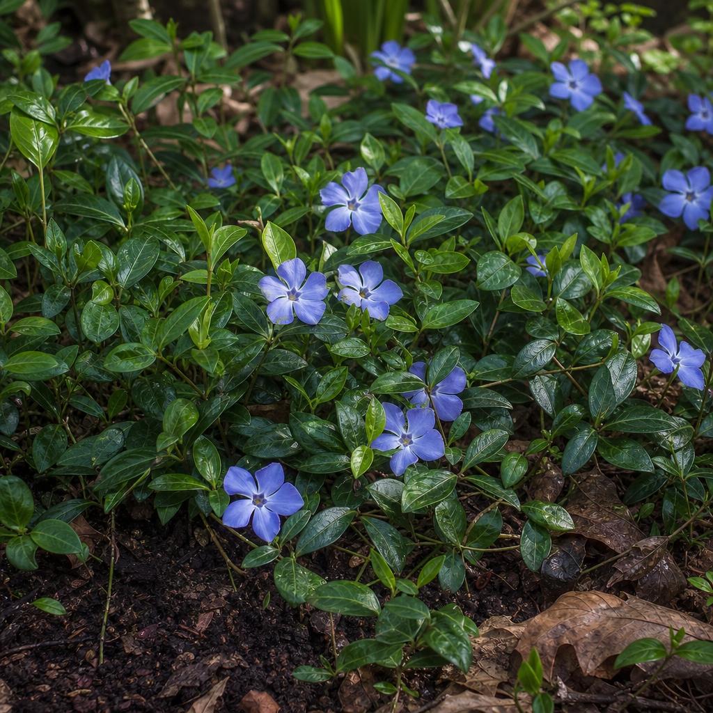 Petite pervenche bleue sur sol ombragé