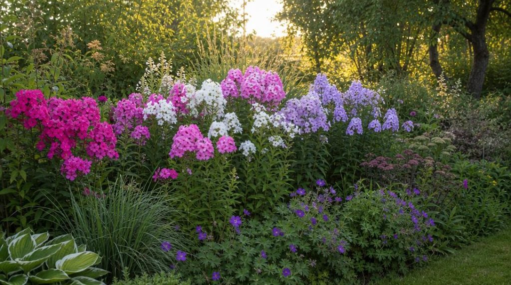 Massif estival de phlox paniculata en fleurs