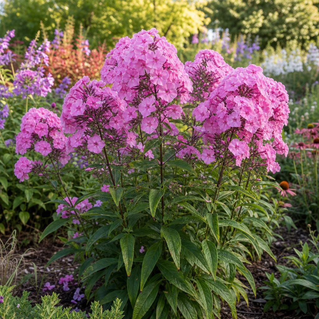 Panicules roses et feuillage du phlox paniculé