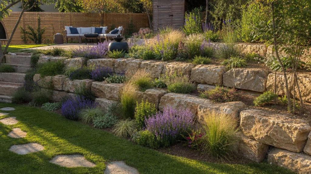 Jardin en pente soutenu par des blocs de pierre