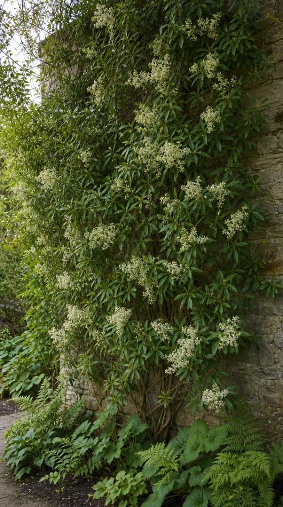 Pileostegia fleuri couvrant un mur protégé en été