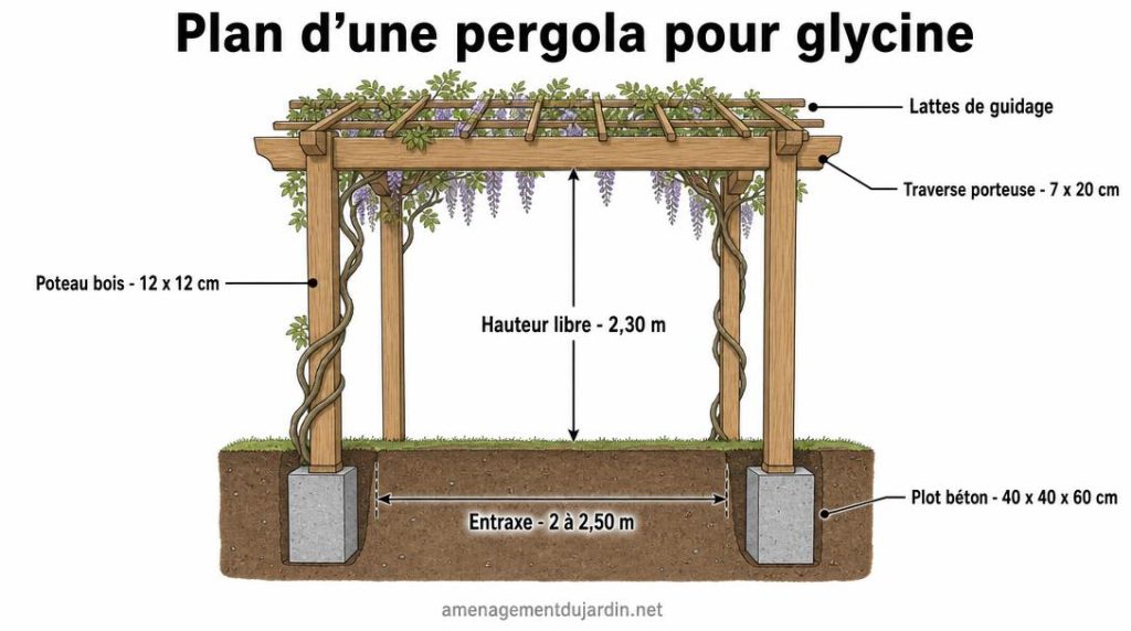 Schéma de pergola bois avec poteaux et fondations