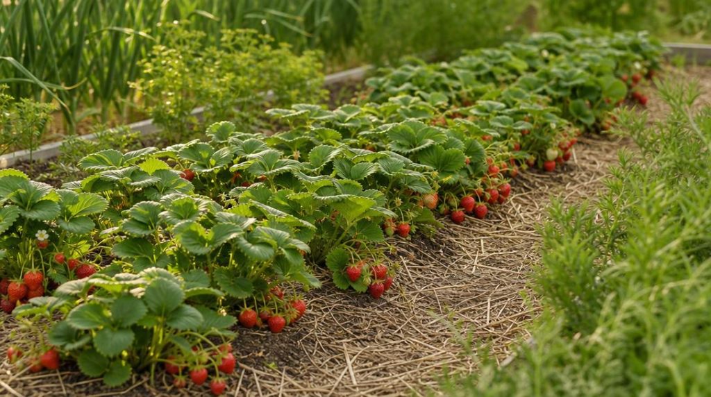 Rang de fraisiers rouges dans un potager lumineux