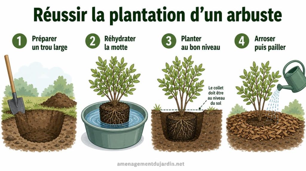 Étapes illustrées pour planter un arbuste au jardin