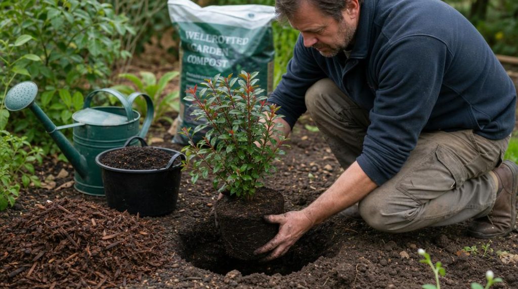 Plantation d’un escallonia dans une terre ameublie et drainée