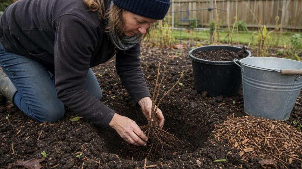 Jardinier plantant un framboisier à racines nues