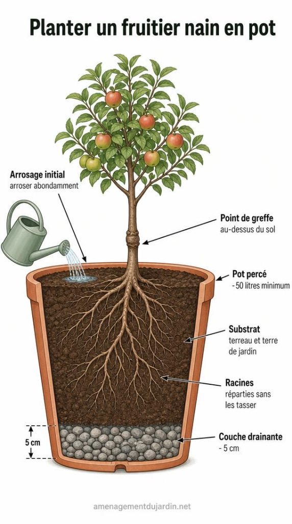 Schéma de plantation d'un fruitier nain dans un pot