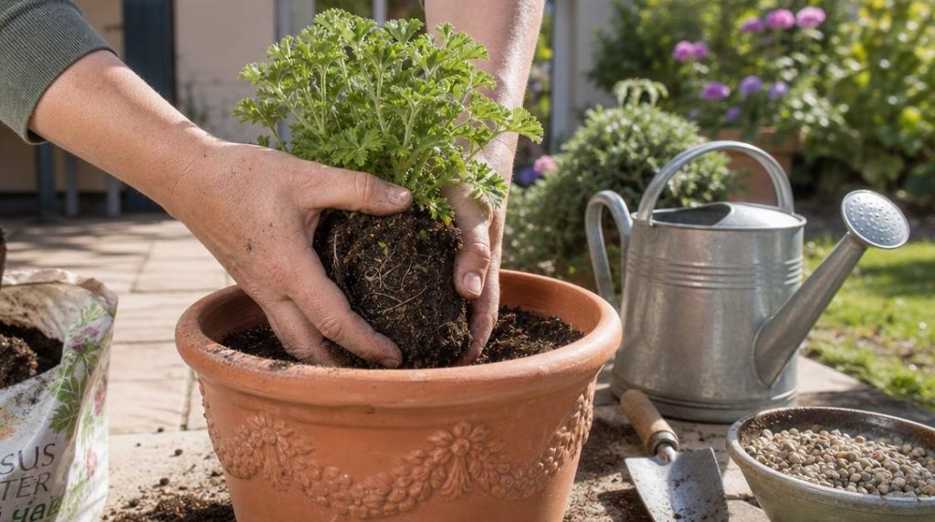 Mains plantant un géranium citronnelle dans un pot drainant