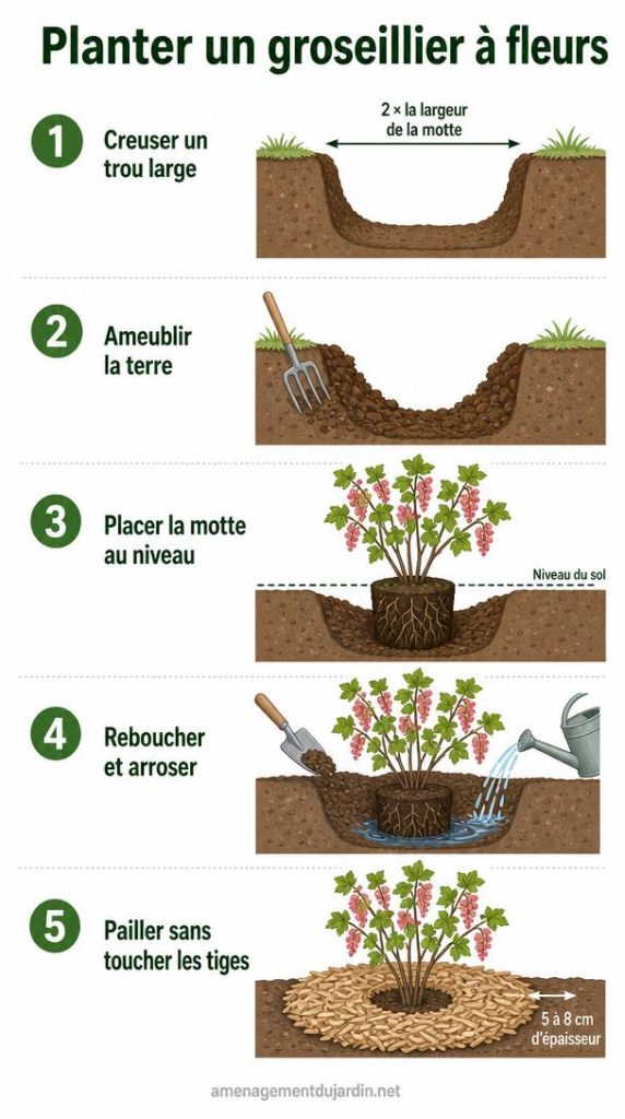 Étapes illustrées de plantation d’un arbuste à fleurs