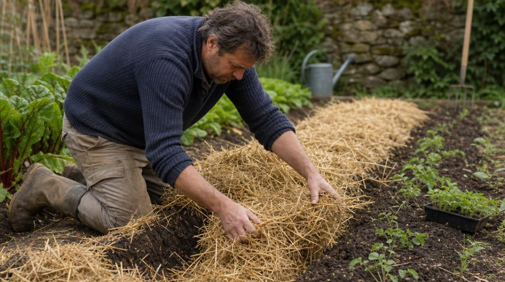 Jardinier couvrant des pommes de terre avec paille