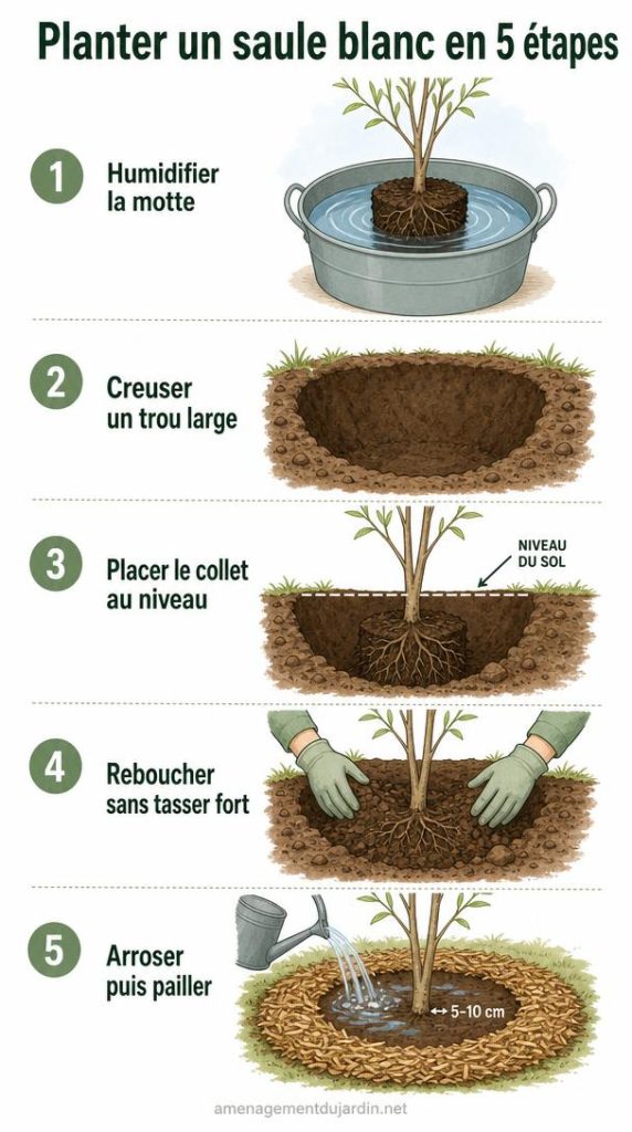 Cinq étapes illustrées pour planter un jeune saule blanc