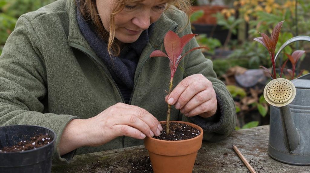 Tige de photinia plantée dans un petit pot