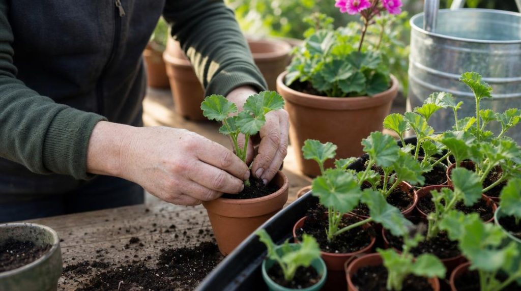 Mains plantant une bouture de géranium dans un pot