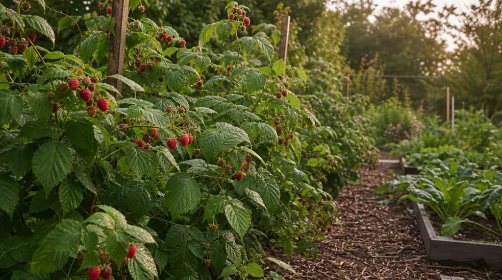 Rang de framboisiers chargés de fruits dans un jardin