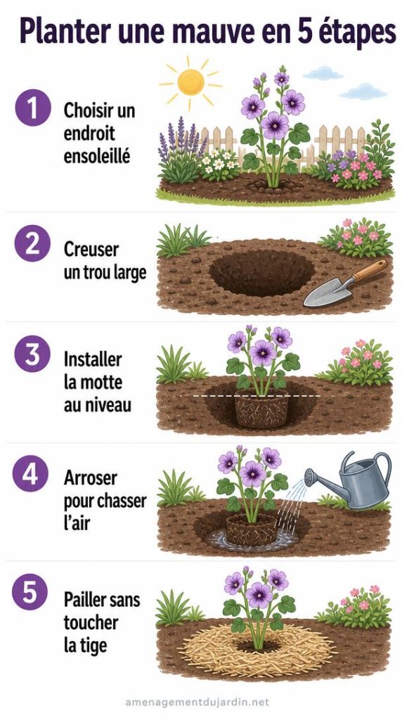 Étapes illustrées pour planter une mauve en pleine terre