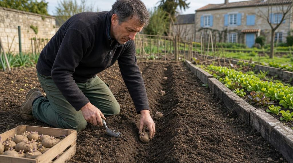 Jardinier plantant des pommes de terre en rangs