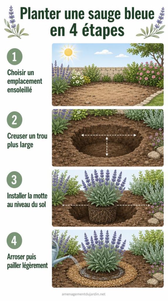 Schéma des étapes de plantation d'une sauge bleue