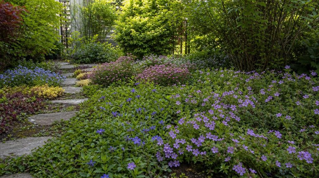 Jardin fleuri avec vivaces couvre-sol denses