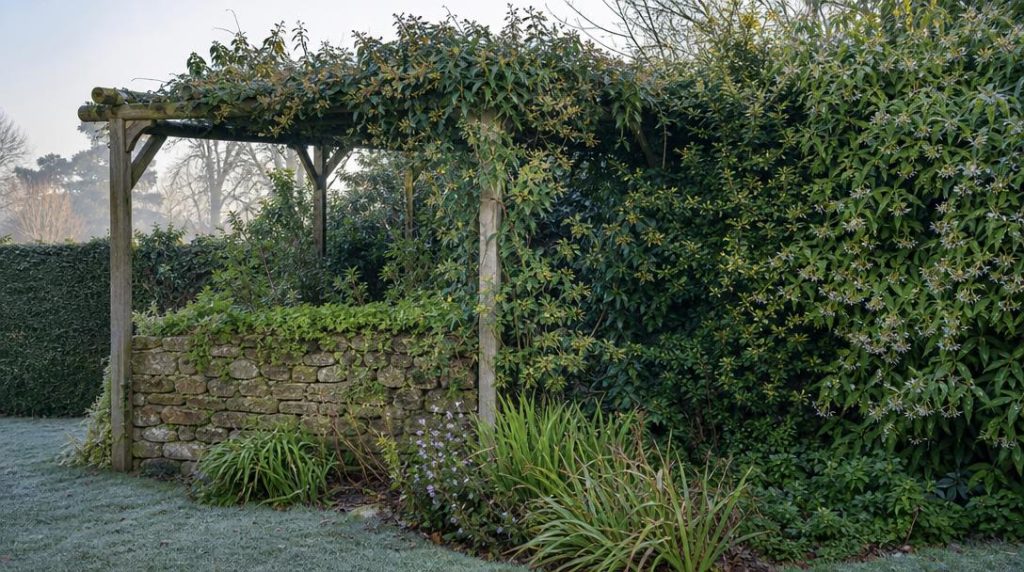 Jardin d'hiver avec grimpantes persistantes sur pergola