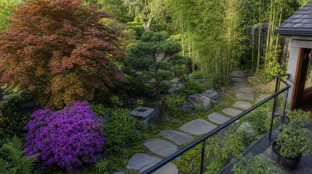 Jardin zen avec érable, pin, bambou et azalées
