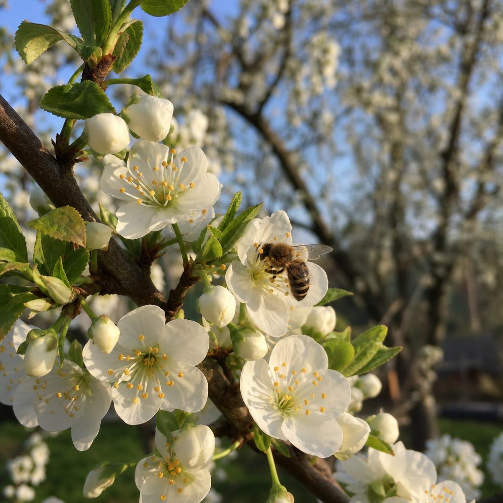 Abeille butinant des fleurs blanches de prunier