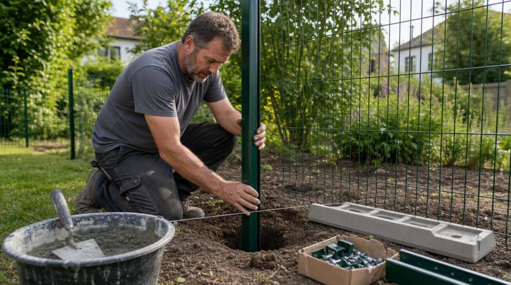 Pose d'un poteau pour panneau rigide au jardin